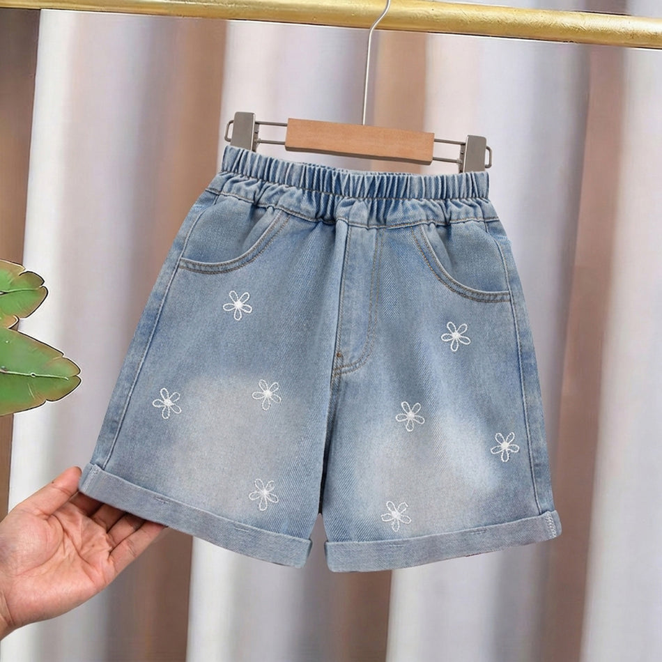 Girls High-Waisted Denim Shorts – Lightweight Summer Casual Shorts