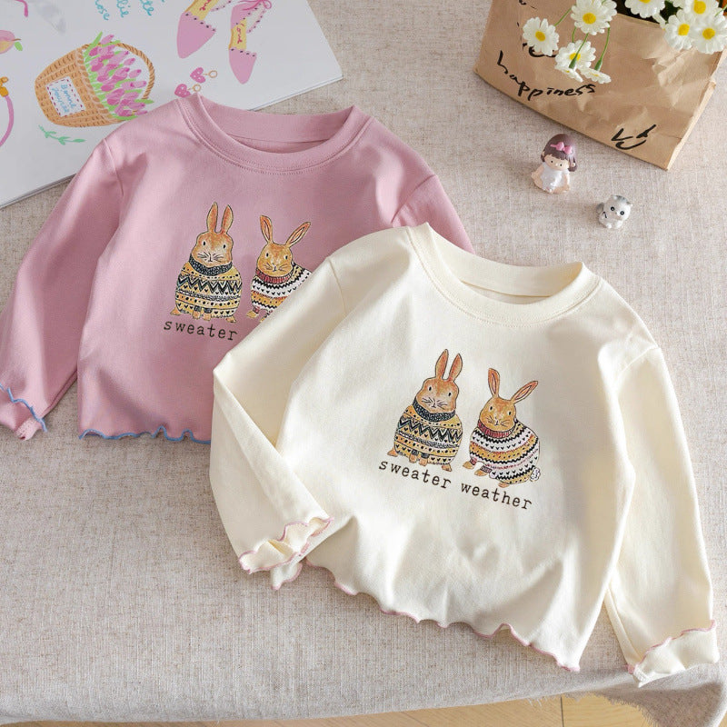 Girls Cotton Long-Sleeve T-Shirt – Ruffle Trim Cartoon Base Layer Top