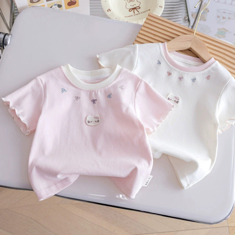 Girls Cotton Cartoon Bow T-Shirt – Cute Korean-Style Summer Top