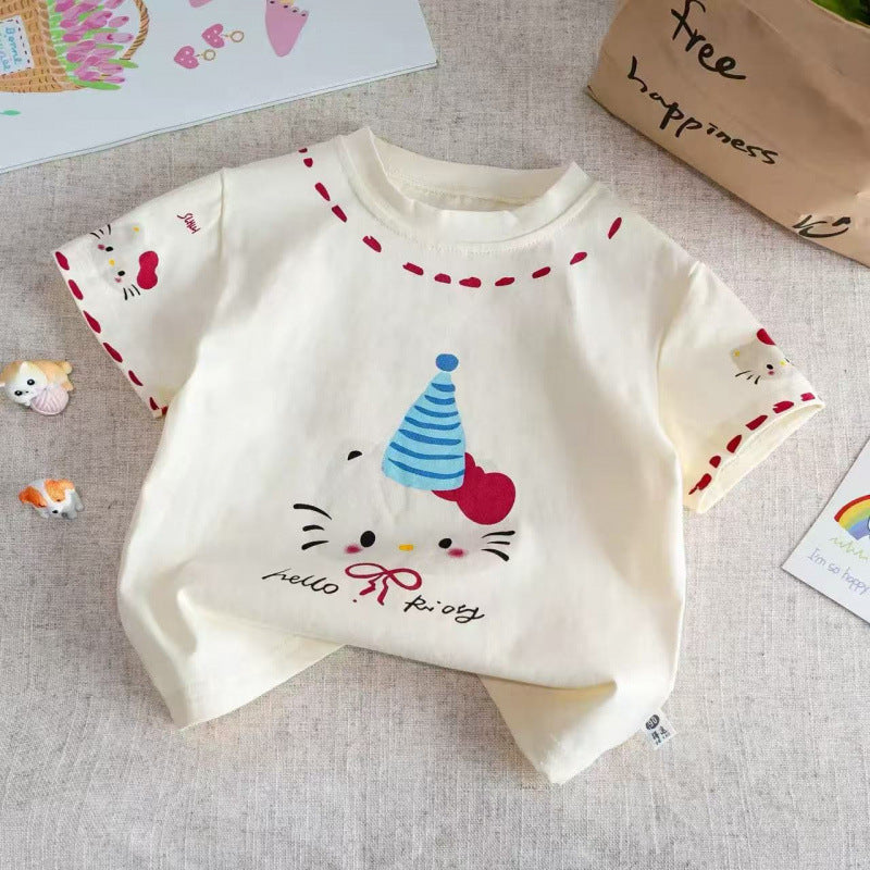 Girls 100% Cotton Cartoon T-Shirt – Summer Short Sleeve Casual Top