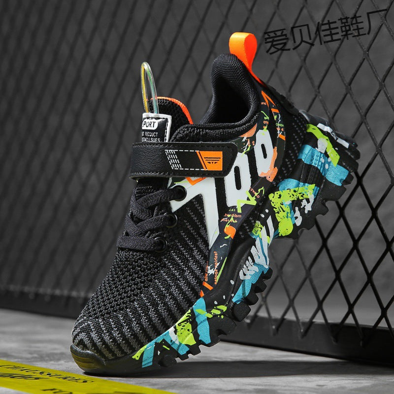 Boys' Flyknit Running Shoes – Breathable Lightweight Sports Sneakers with Hook-and-Loop Closure