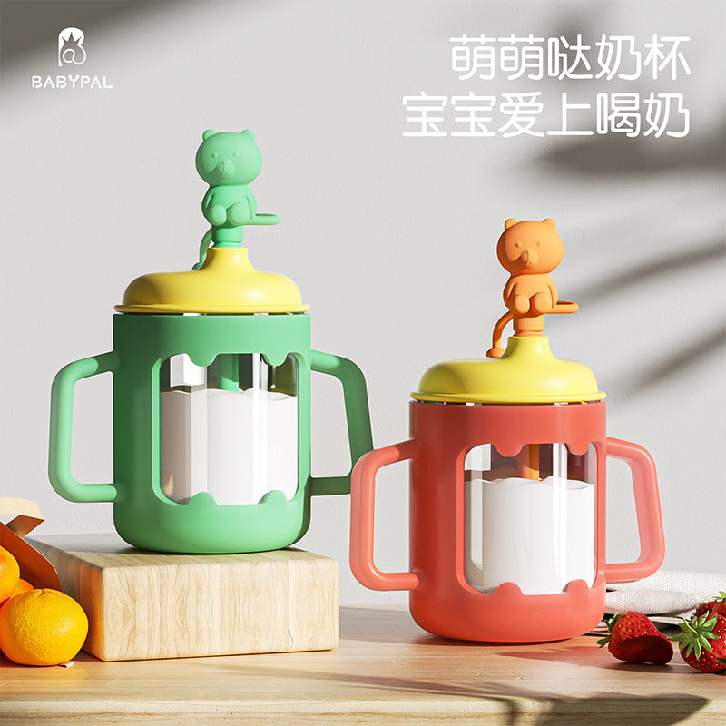 280ml Wide-Neck Bear Straw Sippy Cup with Soft Rubber Handles (Leak-Proof Children's Water & Milk Training Bottle in Rhinestone Green)
