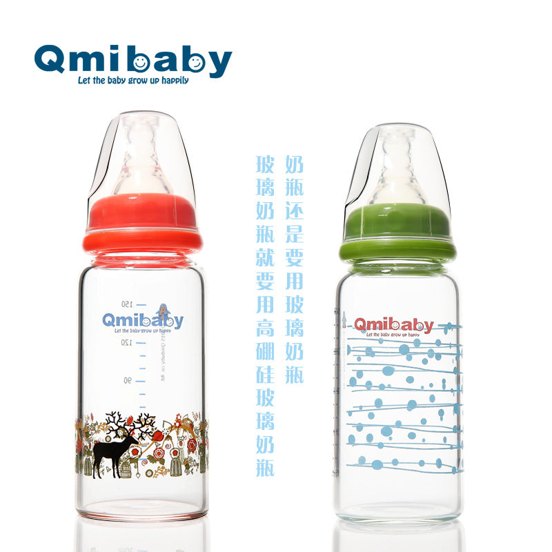 150ml Standard Caliber Glass Baby Feeding Bottle (Straight-Bodied Newborn Nursing Bottle without Handle in Green & Red)