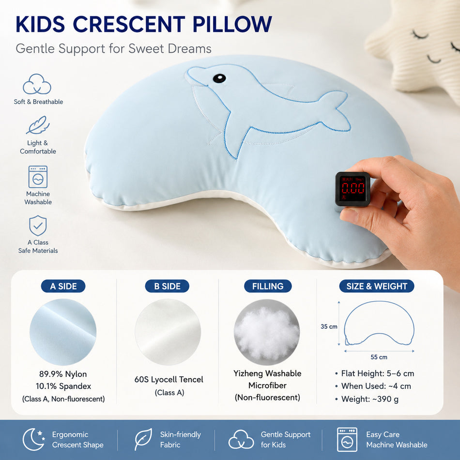 35x55cm Dual-Sided Cooling Tencel Crescent Kids Pillow (Class A Washable Ice Silk Ergonomic Cervical Support Cushion for Children 3-6 Years in Blue & Pink)