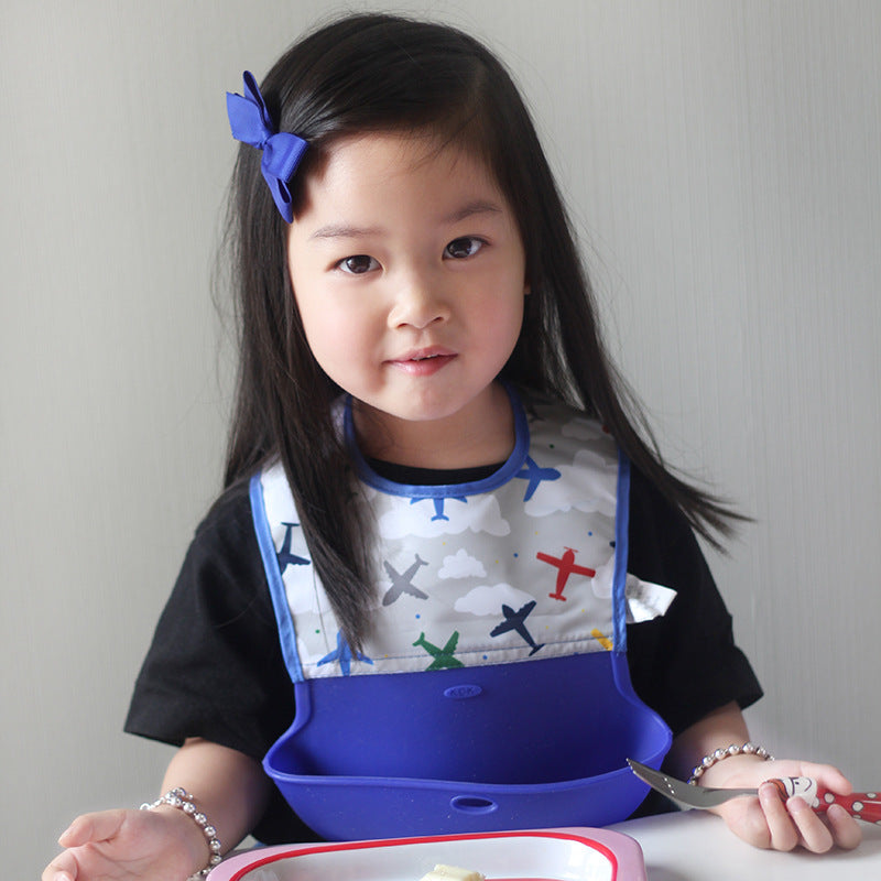 3D Waterproof Silicone Baby Bib with Food Catcher Pocket (Soft Printed Waterproof Bib for Infants & Toddlers in Airplane, Heart, Letter & Floral Prints)