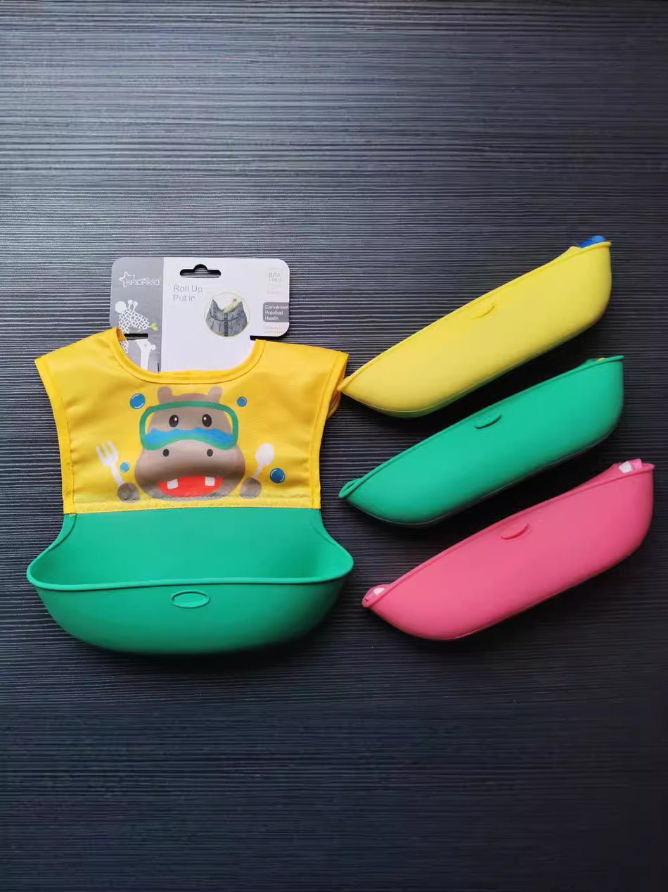 3D Food-Grade Silicone Baby Bib with Food Catcher Pocket (Waterproof Lightweight Eating Bib for Infants & Toddlers in Blue Lion, Pink Bunny & Yellow Hippo)