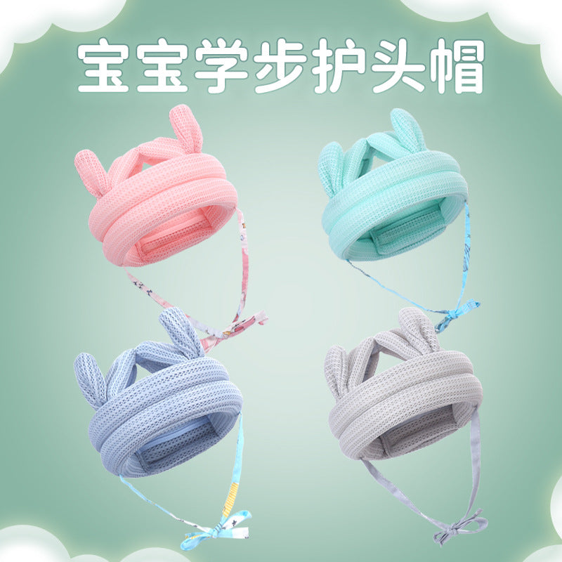 Adjustable 360° Baby Anti-Fall Head Protection Safety Helmet for Toddler Walking (Breathable Tencel & Pure Cotton Anti-Collision Cap with Antlers & Rabbit Ears in Pink, Blue, Green & Gray)