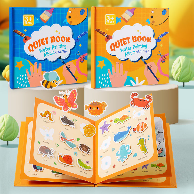 Reusable Magic Water Painting Quiet Book with Water Pen (Mess-Free Water Reveal Coloring Book for Kids in Animal & Traffic Themes, CPC & CE Certified)