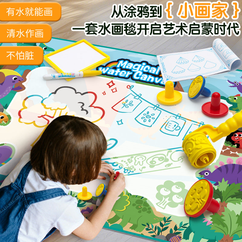 Large Reusable Water Doodle Mat with Water Pens & Stencil Accessories (Mess-Free Water Reveal Drawing Canvas Mat for Toddlers in Dinosaur, Animal & Underwater World Themes)
