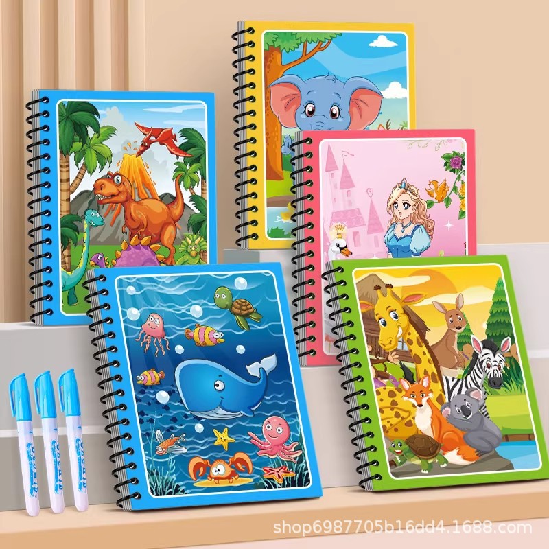 Reusable Magic Water Painting Book Sets in Mesh Bag with Water Pens (Mess-Free Water Reveal Doodle & Pen Control Training Books for Kids in Animal, Underwater, Dinosaur & Princess Themes)