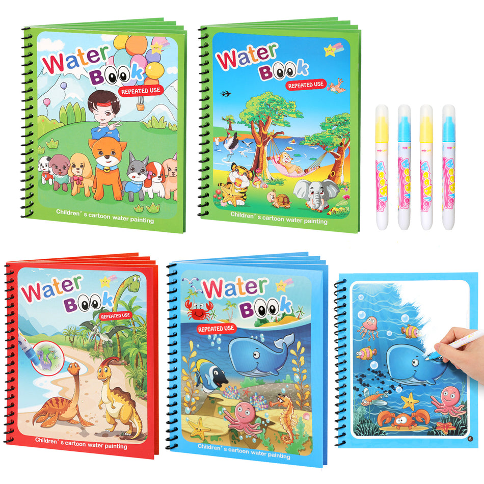 Reusable Magic Water Painting Book Multi-Layer Design with Refillable Water Pen (Mess-Free Water Reveal Coloring Book in OPP Bag for Kids in Underwater, Dinosaur & Animal World Themes)