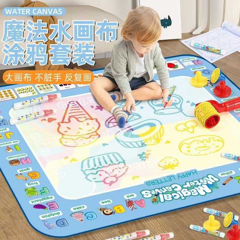 Large Reusable Water Doodle Mat with Water Pens & Stencil Accessories (Mess-Free Water Reveal Drawing Canvas Mat for Kids in Dinosaur, Ocean World & Space Themes)