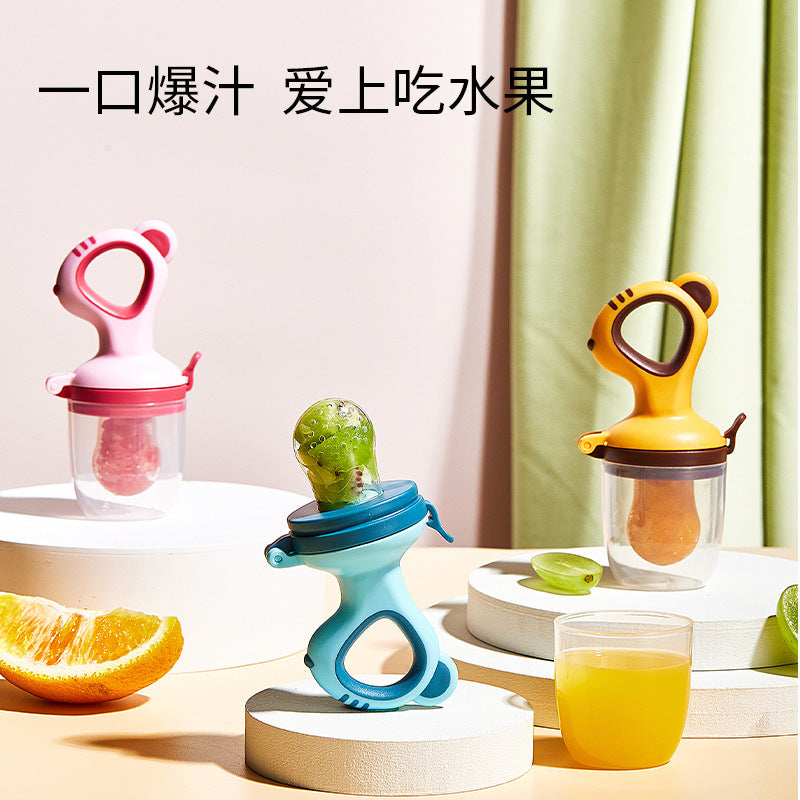Cute Squirrel Silicone Baby Fruit & Vegetable Feeder Pacifier (Fresh Food Nibbler & Teething Toy for Infants 6+ Months in Blue, Pink & Orange with Storage Box Options)