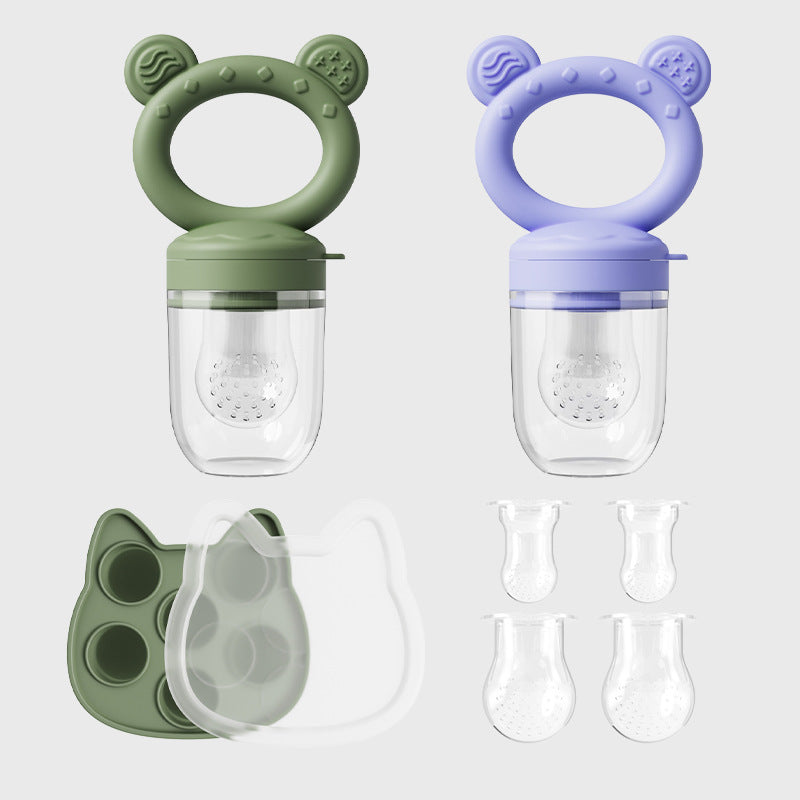 Cute Kitten Food Grade Platinum Silicone Baby Fruit & Vegetable Feeder Pacifier Set with Mesh Bags & Food Mold (Fresh Food Nibbler & Teething Toy for Infants 6+ Months in Single Pack & Multiple Pastel Colors)