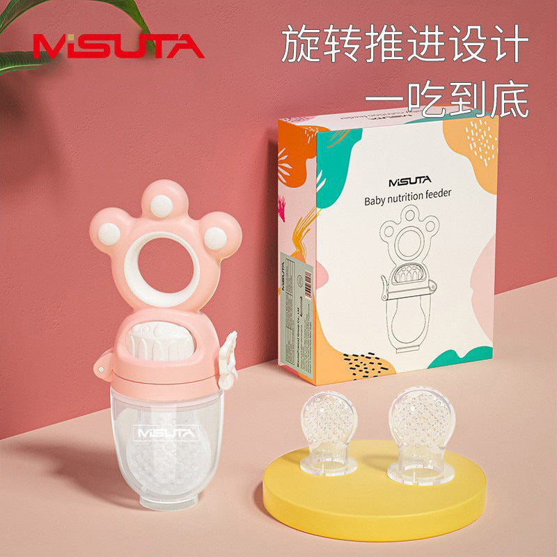 Misuta Push-Type Baby Fruit & Vegetable Feeder Pacifier Set in Cat Claw & Elf Designs with 3 Mesh Bags (Food Grade Silicone & Nano Silver Fresh Food Nibbler & Teething Toy for Infants 6+ Months)