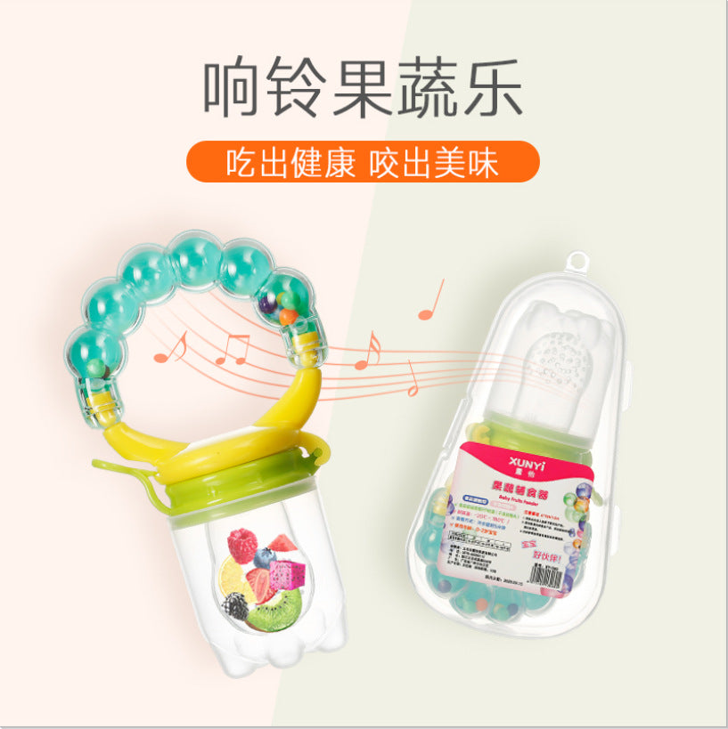 Smoked Ring Bell Food Grade Silicone Baby Fruit & Vegetable Feeder Pacifier with Water Drop Storage Box (Rattle Toy & Fresh Food Nibbler for Infants 0-3 Months in S, M & L Sizes)