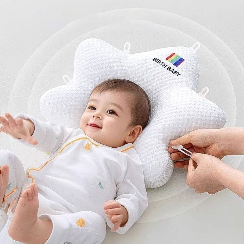 Starfish Shape Pure Cotton Baby Head Shaping Pillow for Newborns & Infants 0-3 Years (Anti-Flat Head Positioner Pillow with Soft Polyester Filling in Striped Colorways)