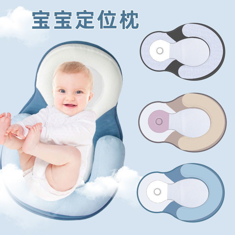 Semi-Circle Polyester-Cotton Baby Anti-Rollover Bed & Head Shaping Pillow Mattress for Newborns (CPC Certified Anti-Flat Head Positioner Bed Cushion in Beige, Gray & Blue)