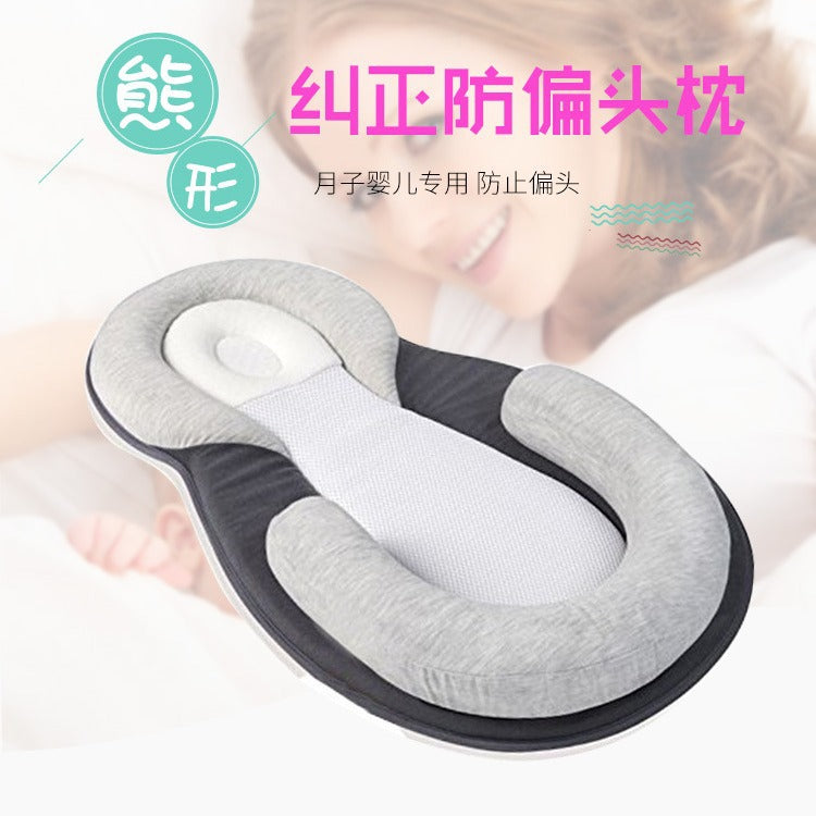 Bamboo Fiber Baby Natural Latex Head Shaping Pillow for Newborns & Infants 0-3 Years (Anti-Flat Head Corrective Ergonomic Bed Cushion, 55x38cm in Blue & Grey)