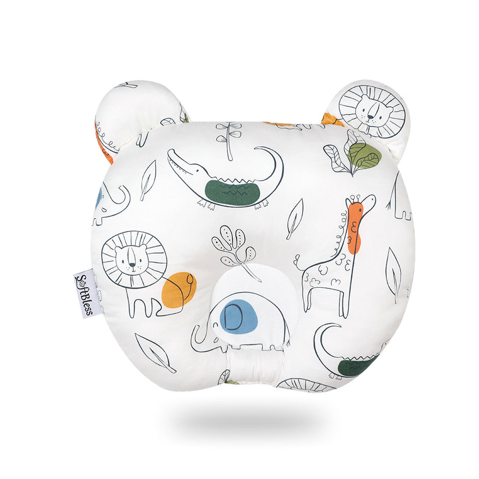 Polyester-Cotton Cartoon Baby Head Shaping Pillow with Ears for Newborns (Anti-Flat Head Breathable Contour Pillow in Animal Prints, 30x23cm)