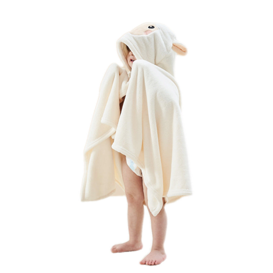 Coral Fleece Hooded Children's Bath Towel Cape for Babies & Kids 0-12 Years (Absorbent Quick-Drying Embroidered Cute Lamb Bathrobe Towel in Rice White, Warm Powder & Warm Blue)