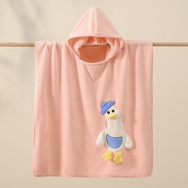 Coral Fleece Big Goose Hooded Baby Bathrobe Towel Cape for Infants (Soft Absorbent 32-Strand Hemmed Wearable Bath Wrap, 70x140cm)