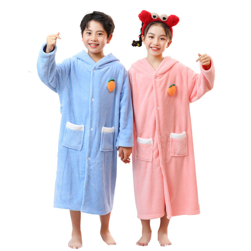 Thickened Coral Fleece Rabbit Hooded Bathrobe Cape for Kids (Ultra-Soft 60-Strand Absorbent Wearable Bath Towel Long Cape in S, M & L Sizes)