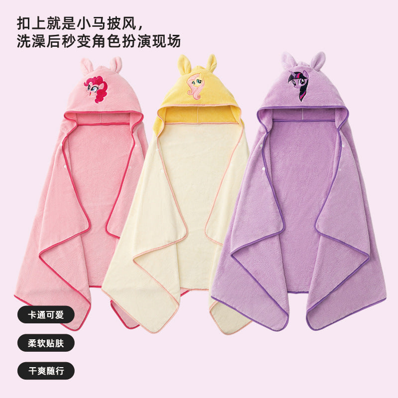 Thickened Coral Fleece Rabbit Hooded Bathrobe Cape for Kids (Ultra-Soft 60-Strand Absorbent Wearable Bath Towel Long Cape in S, M & L Sizes)