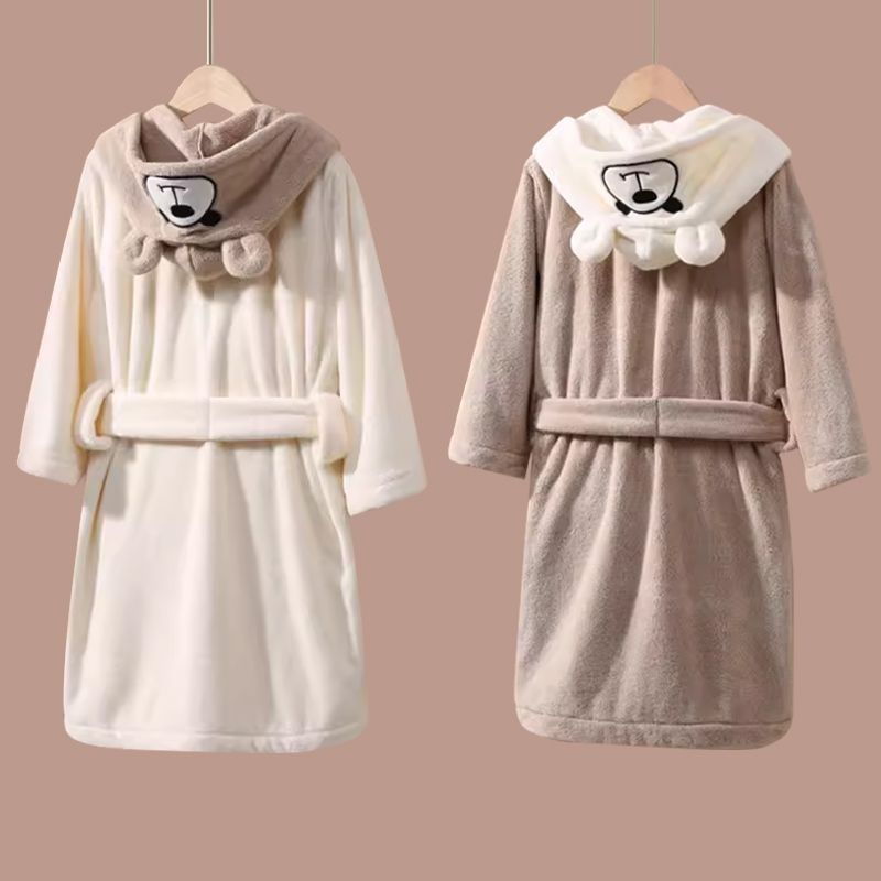 Thickened Coral Fleece Bear Hooded Children's Bathrobe Cape for Kids (Soft Absorbent Non-Shedding Bear Embroidered Bath Towel Wrap in S, M & L Sizes)