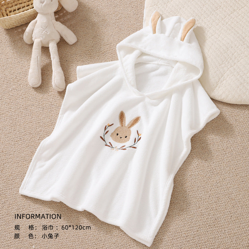 Soft Yun Microfiber Hooded Children's Bath Towel Cape for Babies & Toddlers (Soft Absorbent Embroidered Wearable Bathrobe Towel Wrap in Little Lion, Brown Bear & Bunny, 60x120cm)