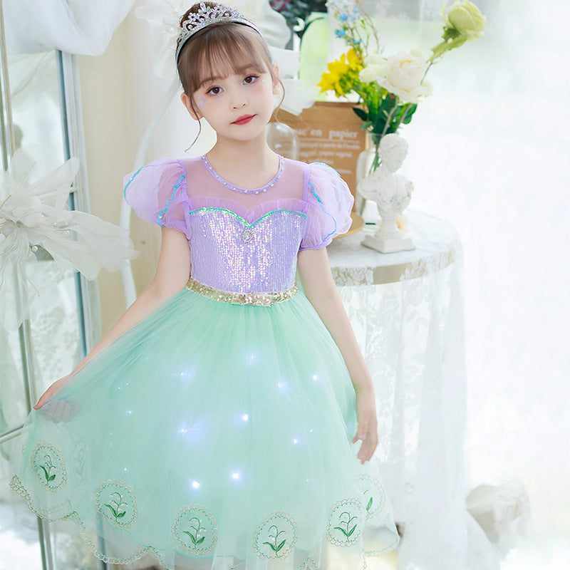 Girls Mermaid Embroidered Princess Dress with Soft Mesh Skirt