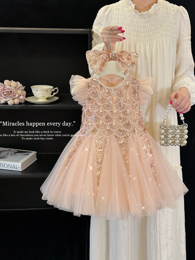 Girls Mesh Flutter Sleeve Princess Dress with Elegant Veil