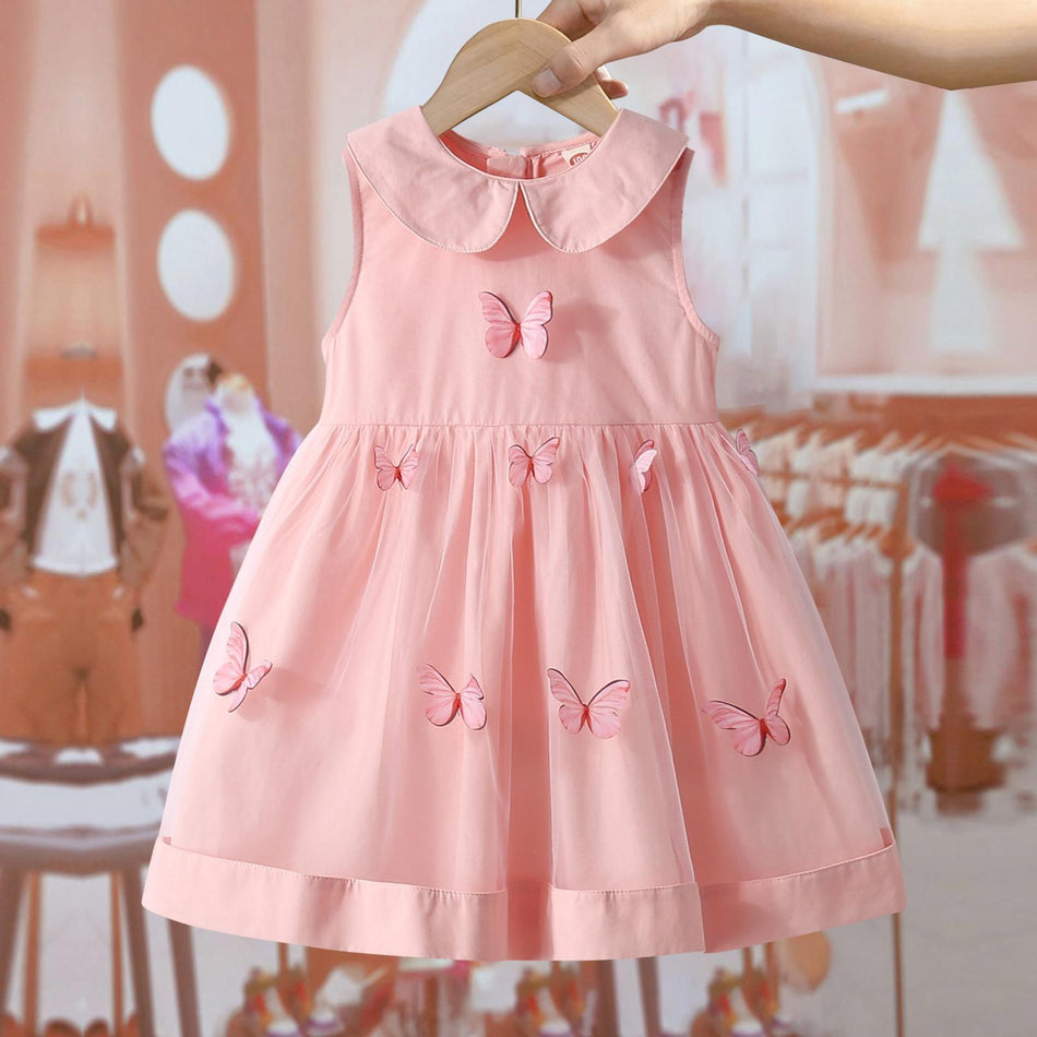 Girls Embroidered Cotton Princess Dress with Mesh A-Line Skirt