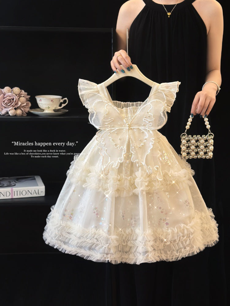 Girls Butterfly Wing Princess Dress with Elegant Mesh Skirt