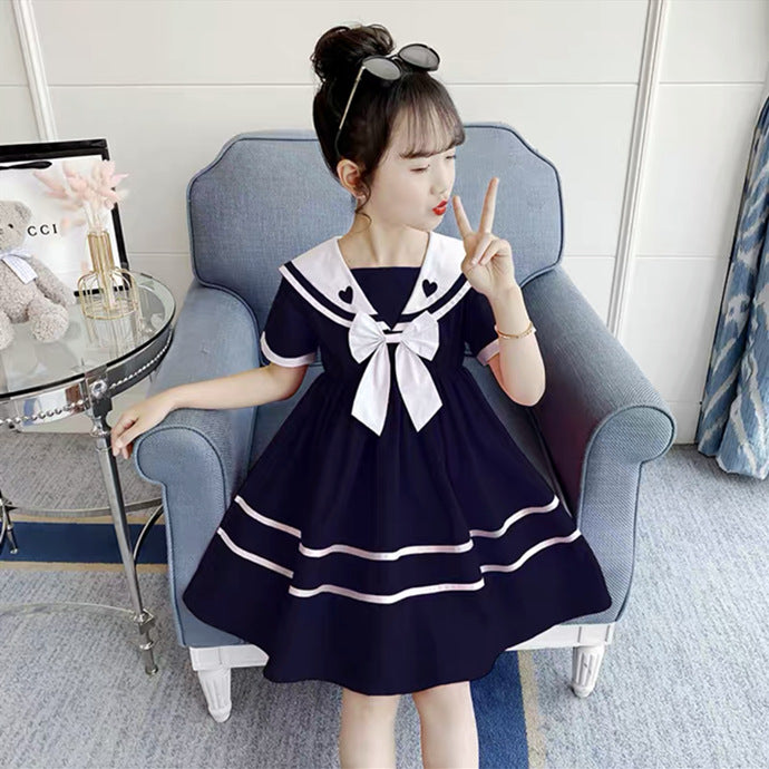 Girls Korean Style Sailor Collar Princess Dress with Bow
