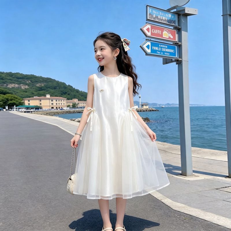 Girls Elegant Sleeveless Princess Dress with Mesh Overlay