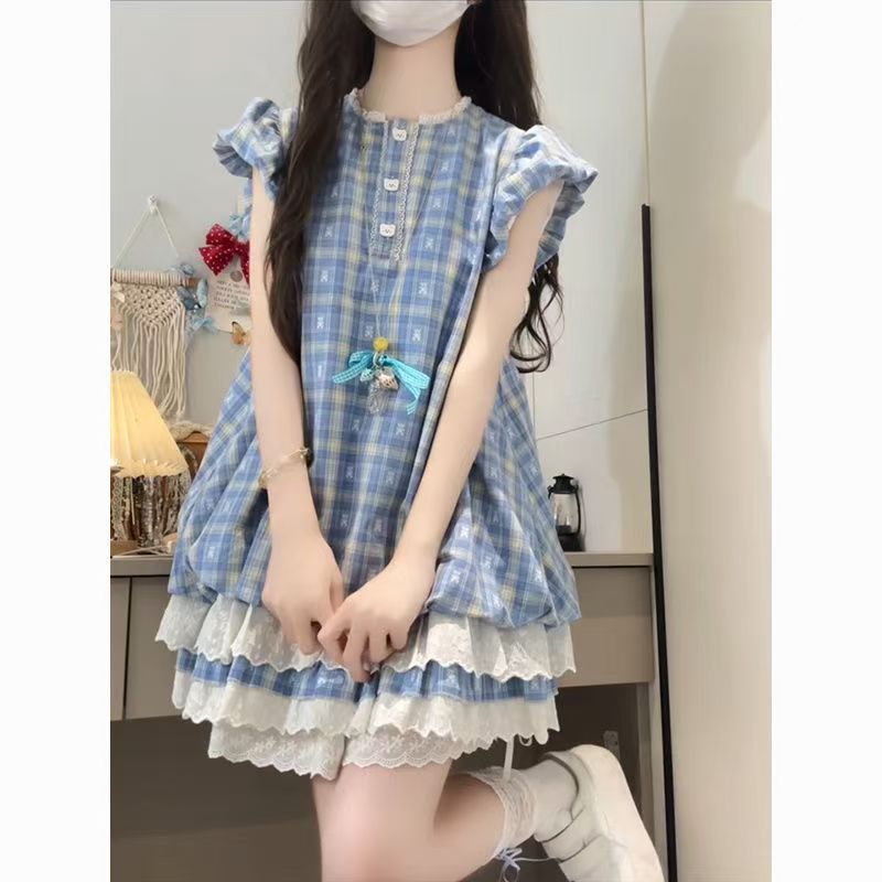 Girls Lace Plaid Dress Set with Embroidered Two-Piece Design