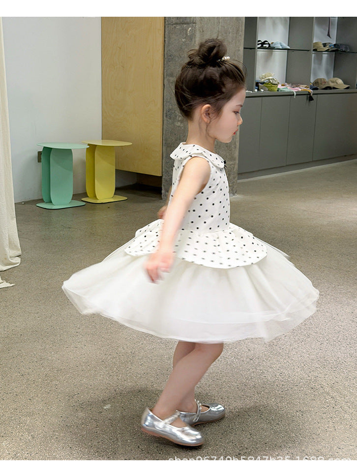 Girls Polka Dot Mesh Princess Dress with Doll Collar