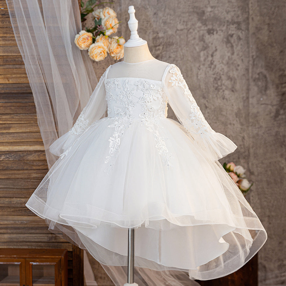 Girls Long Sleeve Mesh Puffy Skirt Wedding Dress