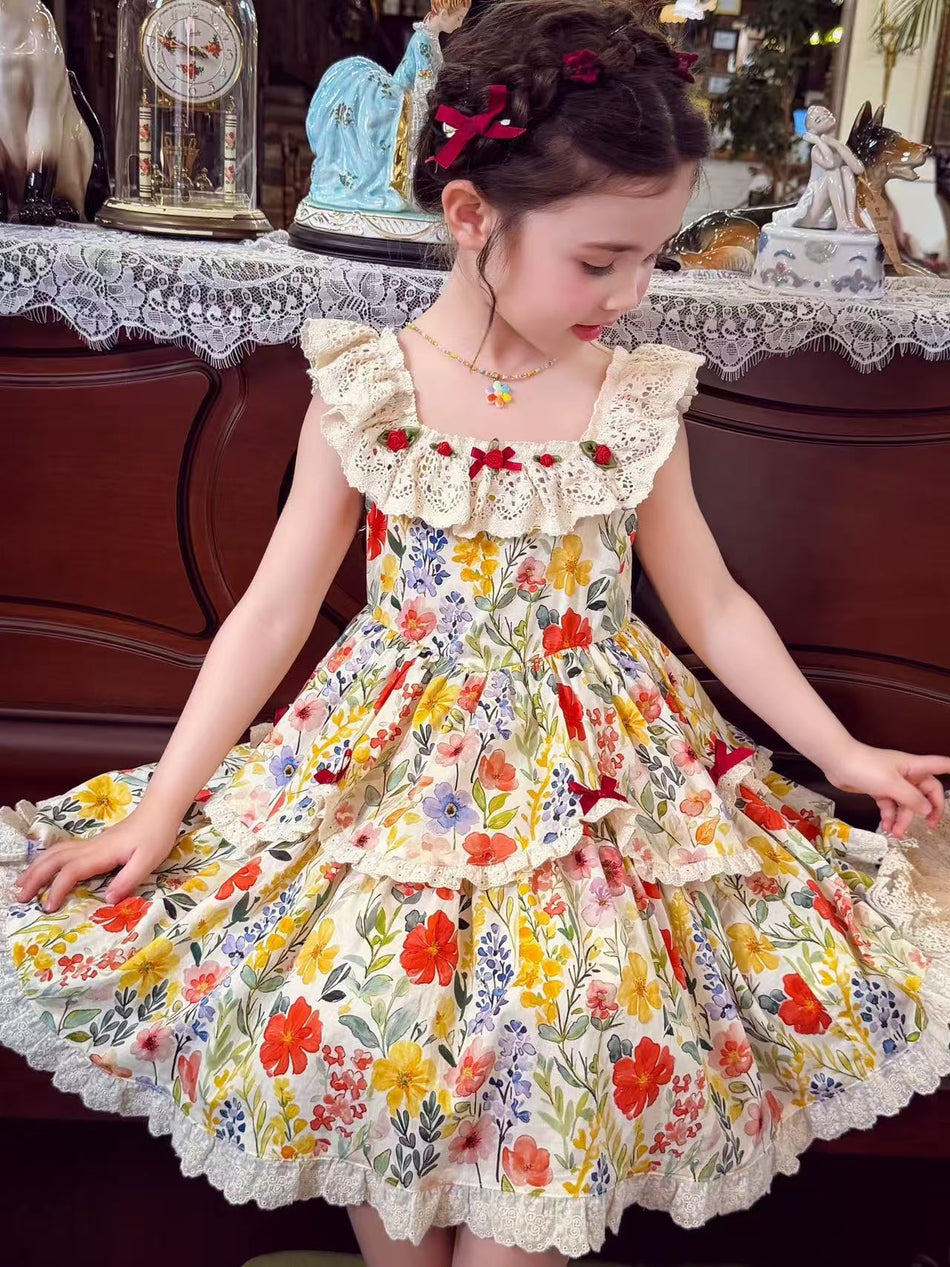 Girls Floral Cotton Lace Princess Summer Dress