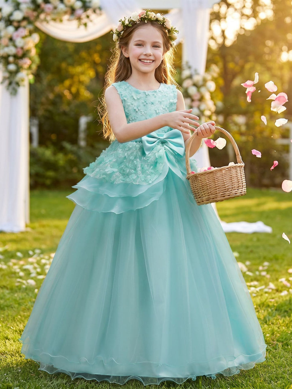 Girls Floral Bow Tulle Princess Dress Flower Girl Gown