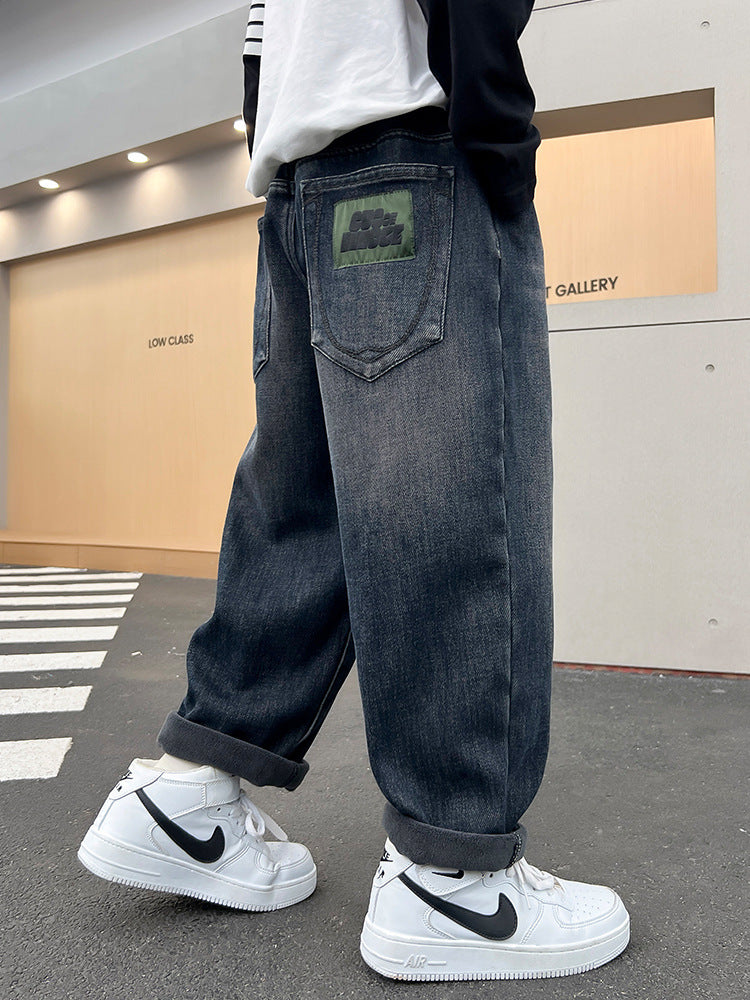 Boys Fleece Lined Denim Jeans Loose Fit Trousers