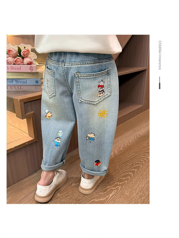 Girls Cartoon Print Cotton Denim Casual Jeans Pants