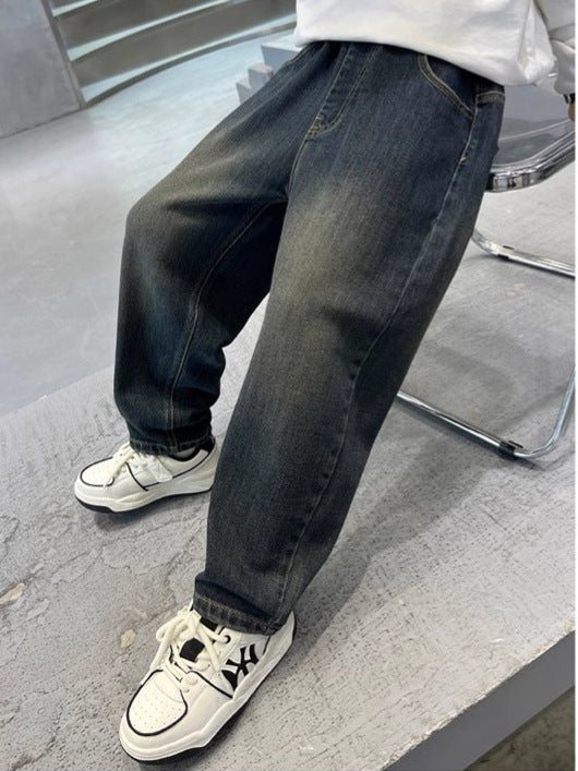 Boys Cotton Denim Loose Straight Leg Casual Pants
