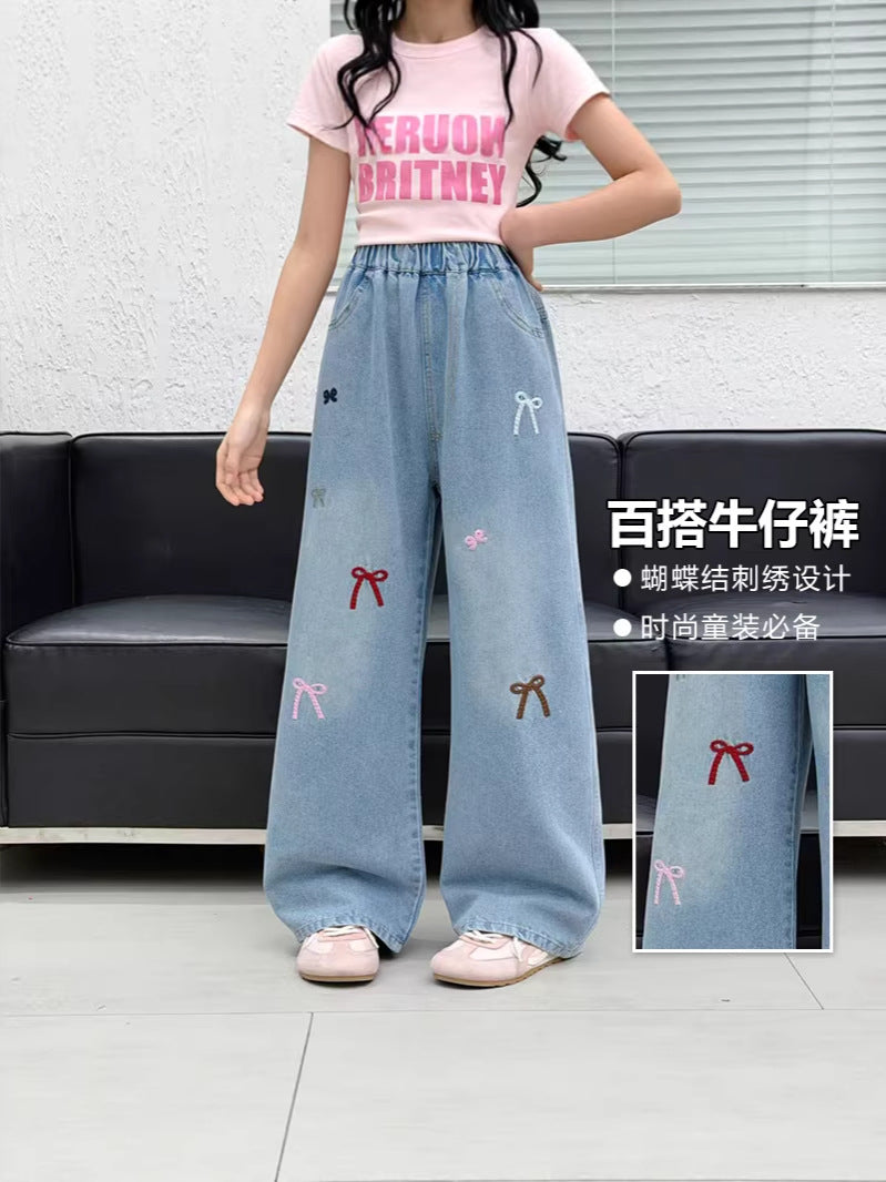 Girls Floral Wide Leg Casual Denim Style Pants