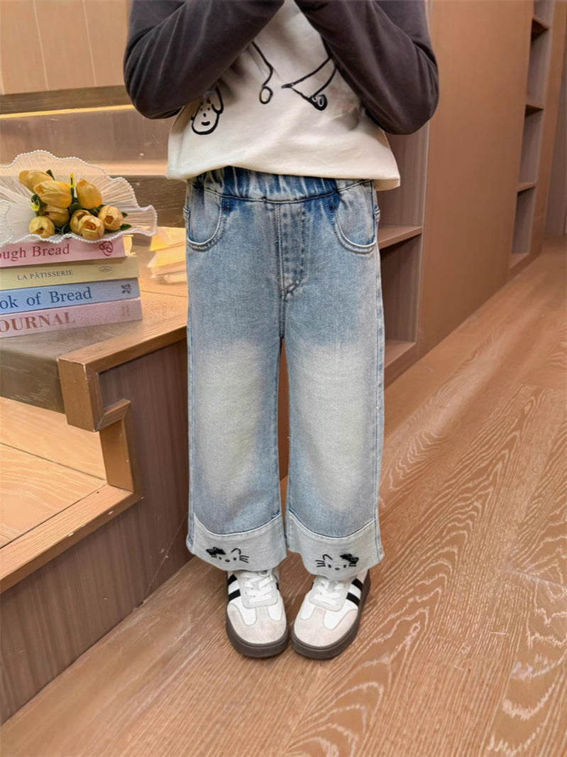 Girls Cotton Embroidered Straight Leg Denim Pants