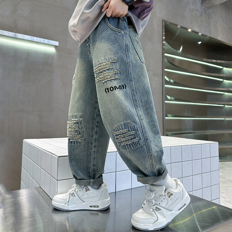 Boys Ripped Denim Jeans High Waist Casual Pants