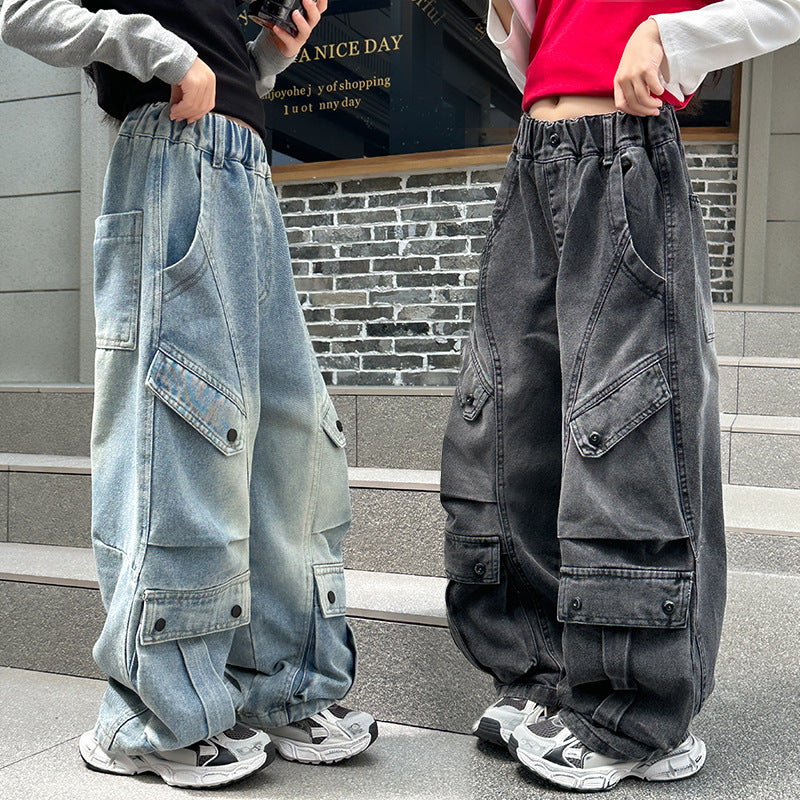 Girls Denim Workwear Jeans Korean Style Casual Pants