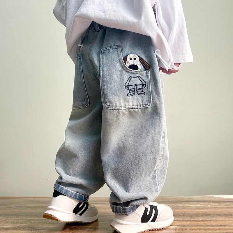 Boys Puppy Embroidered Denim Jeans Casual Pants