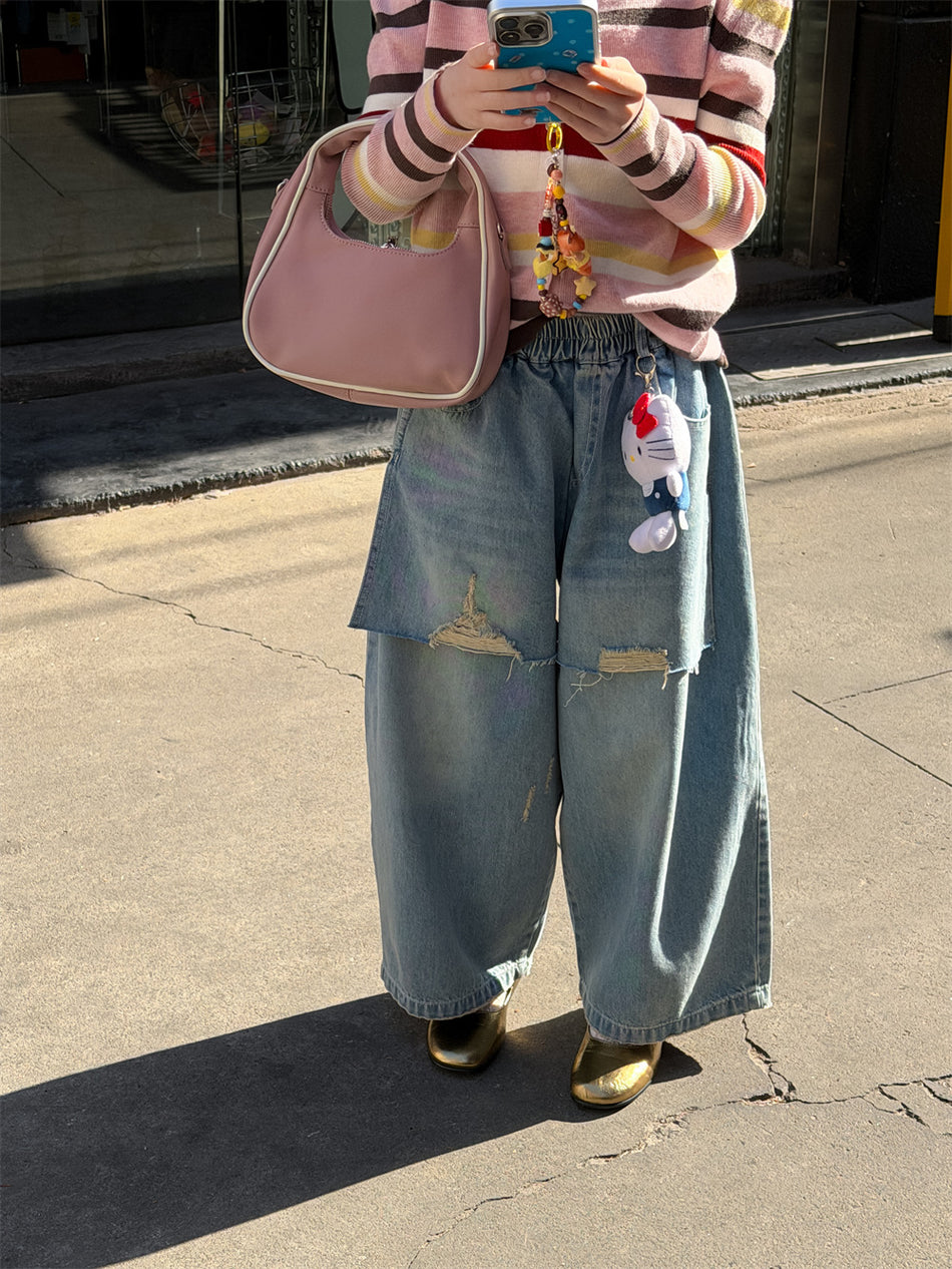 Girls Patchwork Wide Leg Cotton Denim Jeans Pants